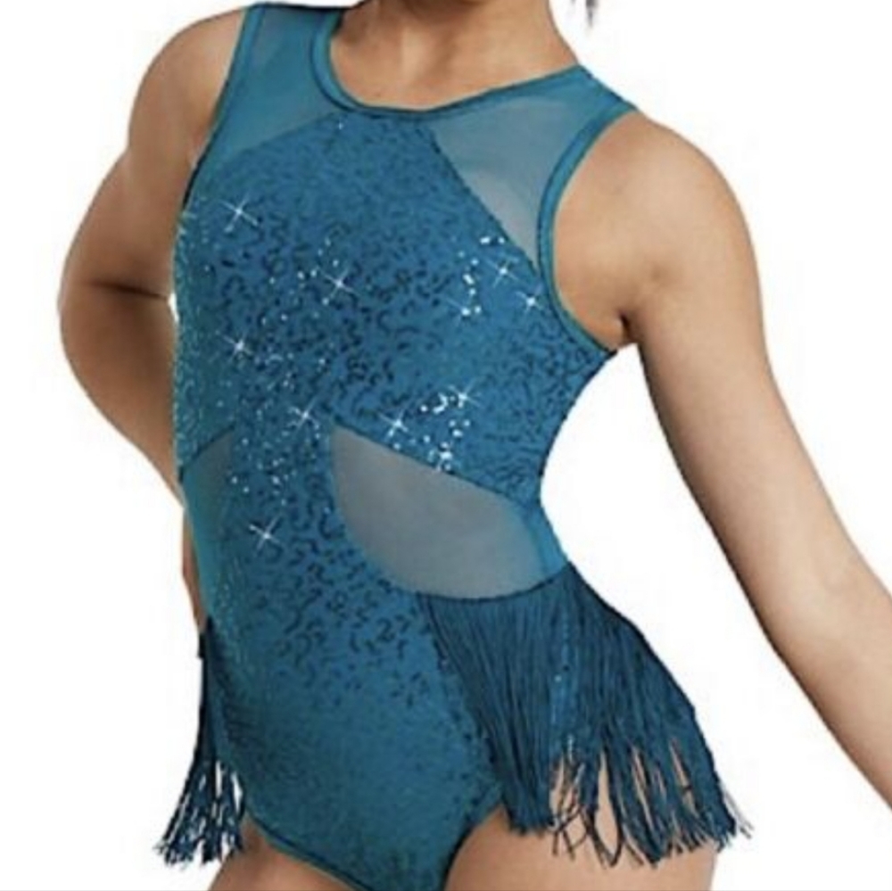 EUC Balera Wisseman Dance Teal Sequin Leotard With Fringe Size LC